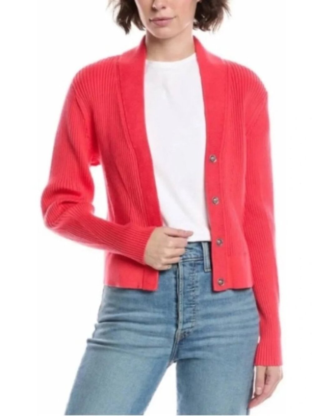 CAbi Madame Ribbed Knit V-neck Hidden Snap Cardigan Sweater - Size Medium